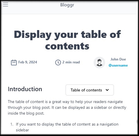 Illustration of the table of content for mobile